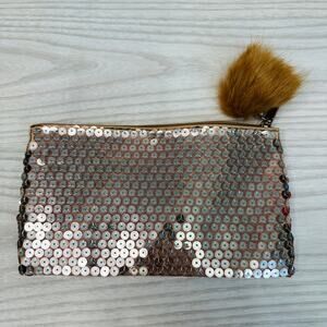 MAC POM Rose Gold Metallic Bling Sequin Clutch Pouch Cosmetic Make Up Wallet
